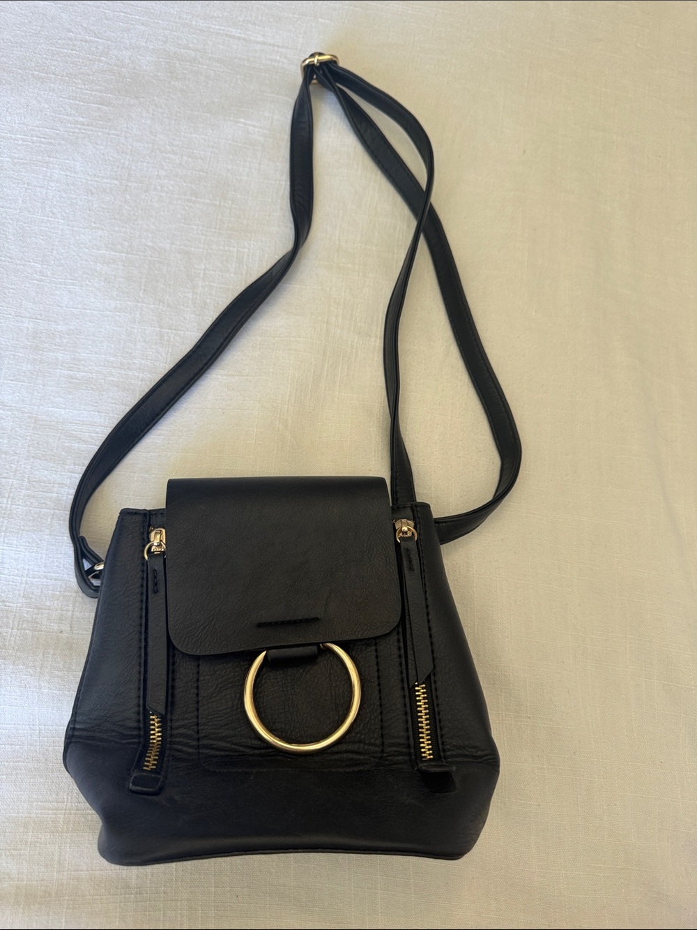 Black Crossbody Bag with Gold Ring Accent